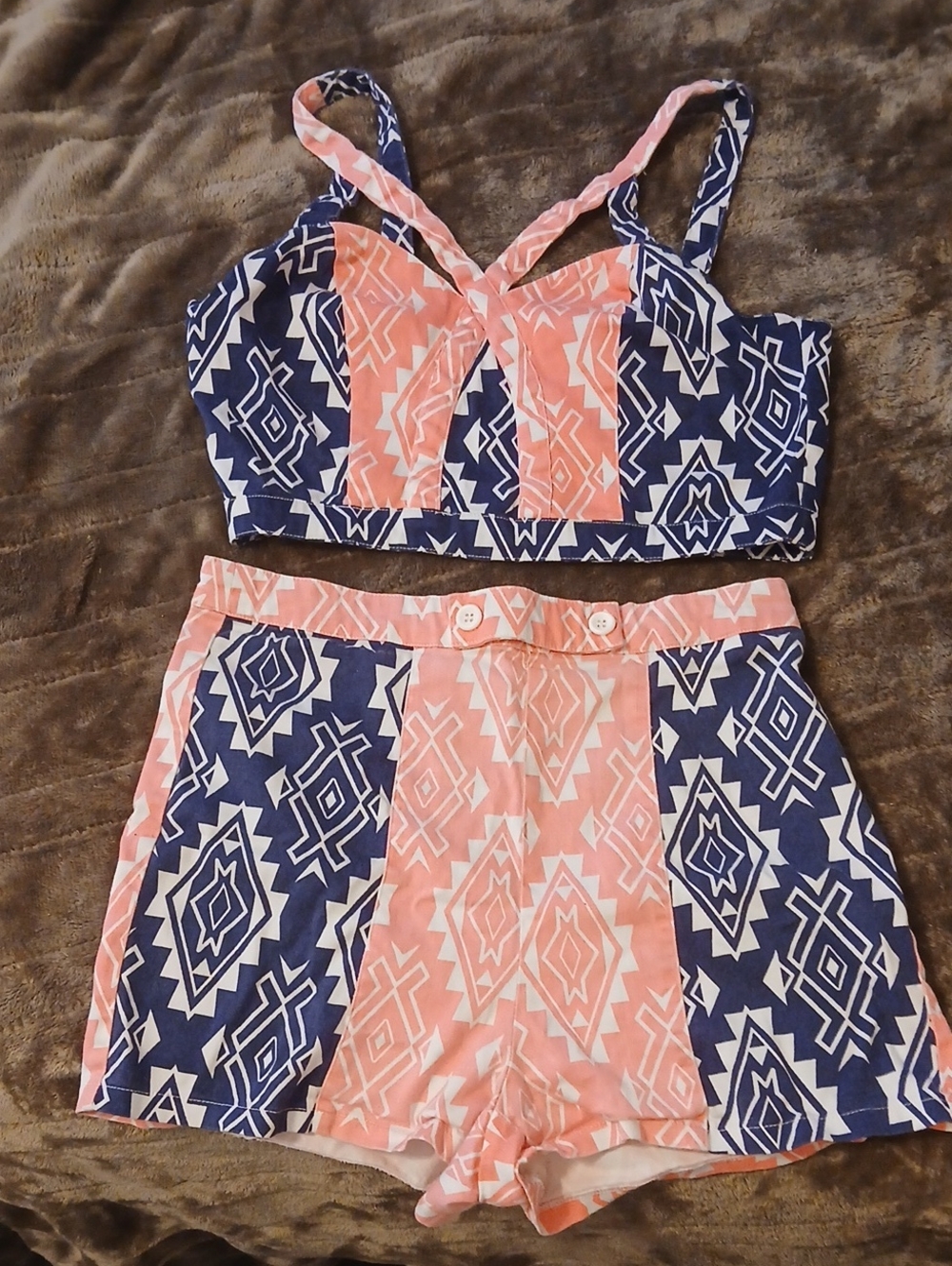 Colorblock Geometric Pink & Navy Women's Skirt Set Flying Tomato